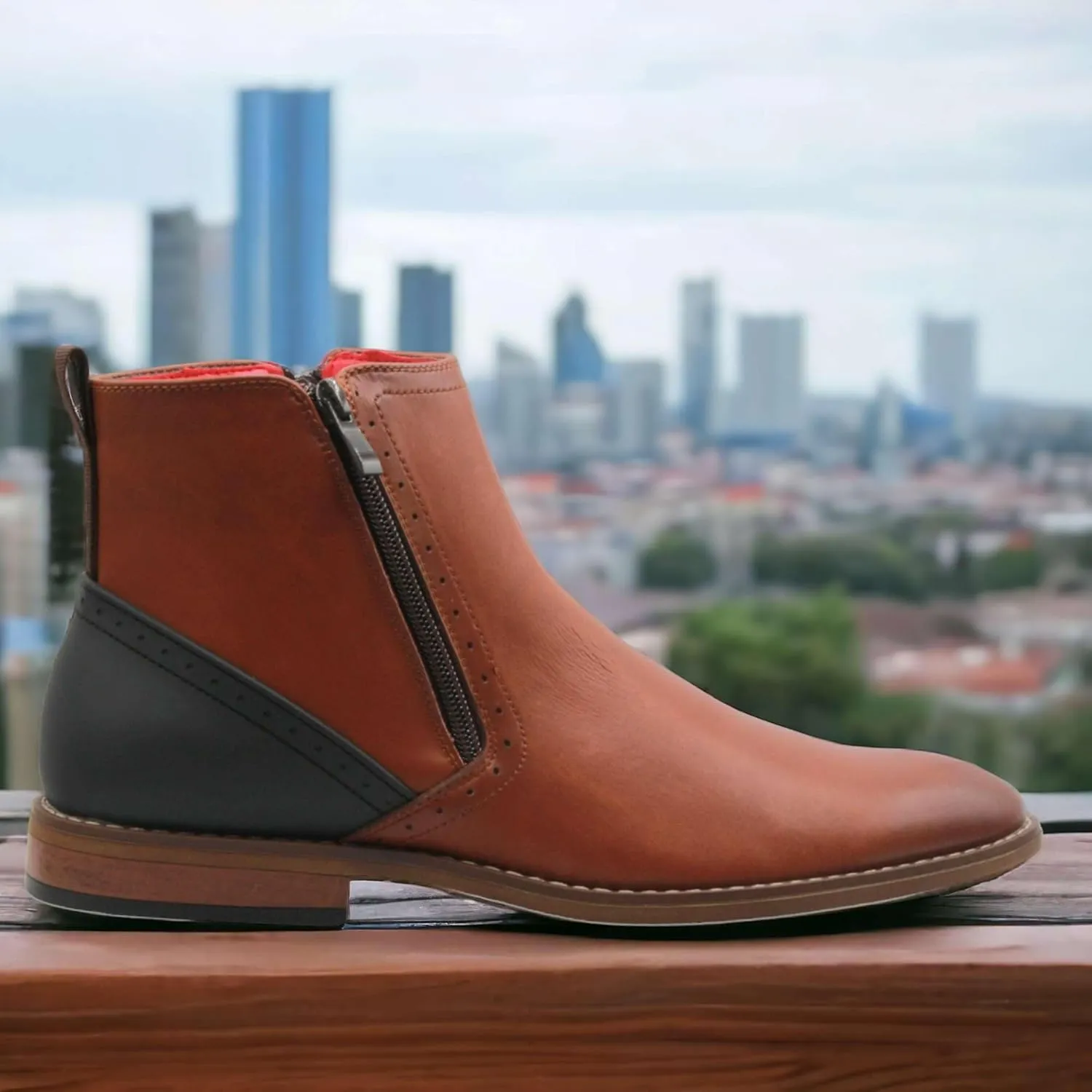 Jazamé Men's 49904 Leather Lined Double Zip Cap Toe Dress Bootie Ankle Boots