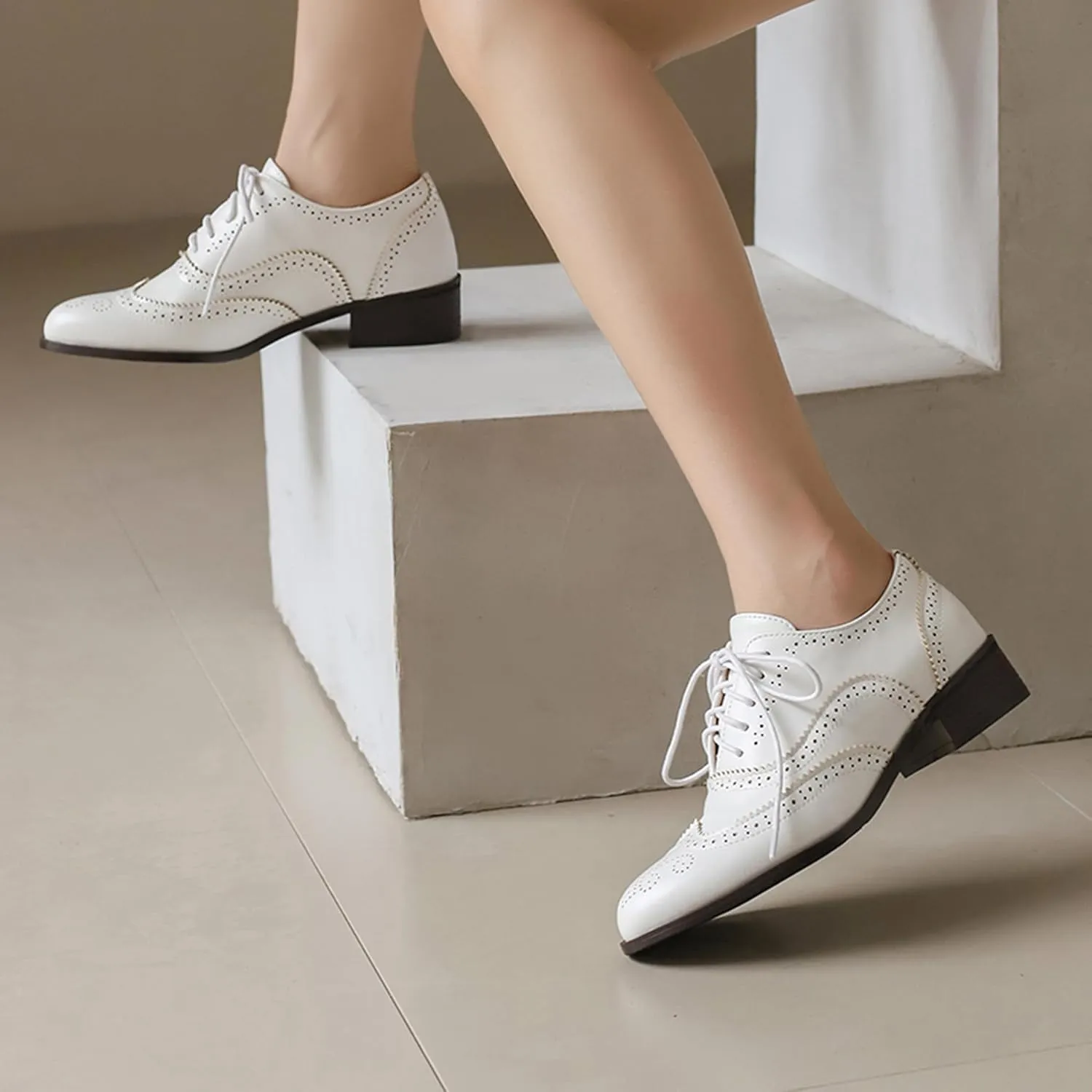Lace Up Brogue Derby Women Low Block Heel Oxfords