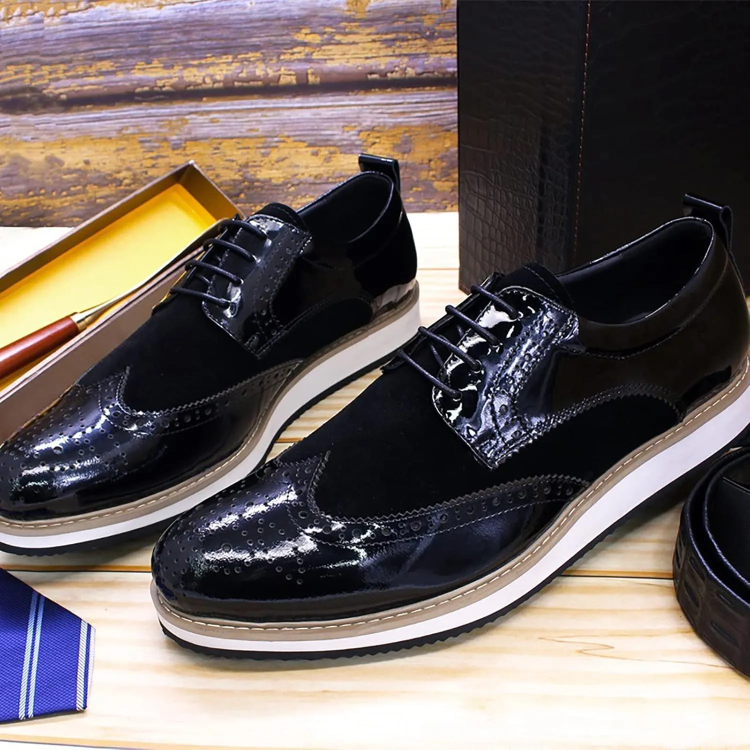 Mens Brogue Formal Dress Oxfords Casual Business Wingtip Real Leather Lace-ups Comfortable Breathable Derby Shoes,Black-45