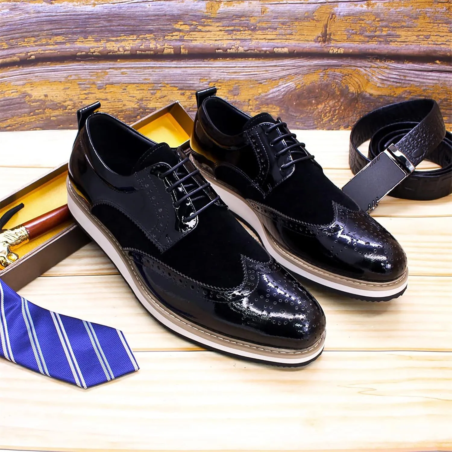 Mens Brogue Formal Dress Oxfords Casual Business Wingtip Real Leather Lace-ups Comfortable Breathable Derby Shoes,Black-45