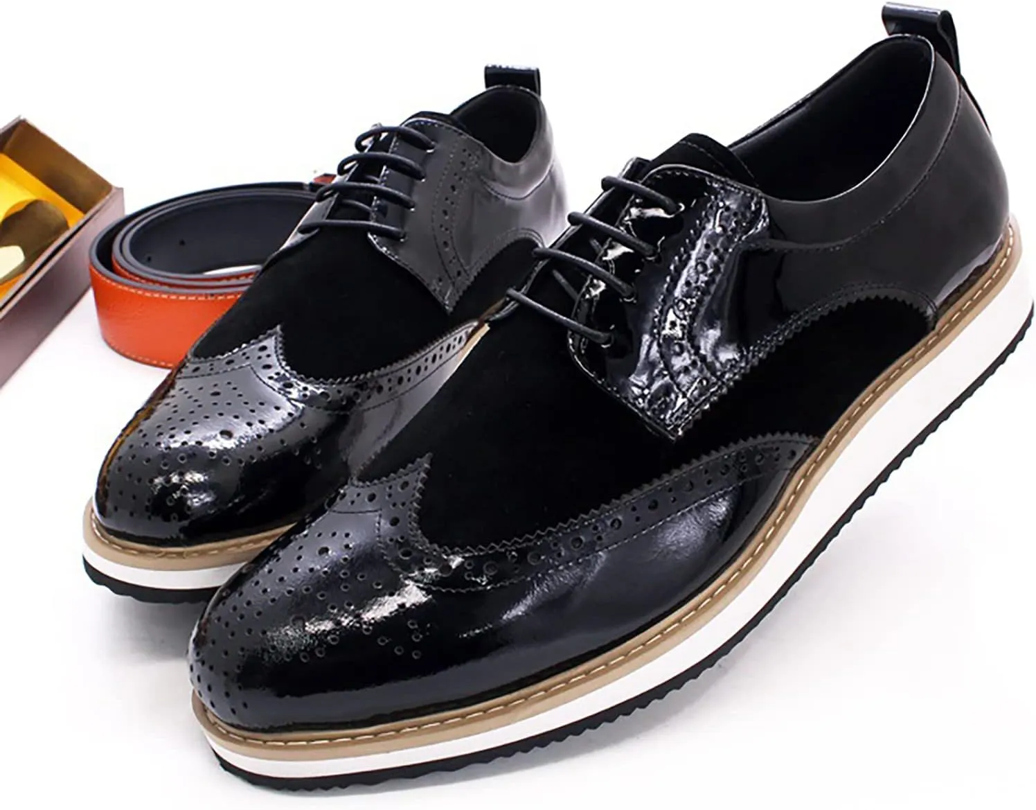 Mens Brogue Formal Dress Oxfords Casual Business Wingtip Real Leather Lace-ups Comfortable Breathable Derby Shoes,Black-45