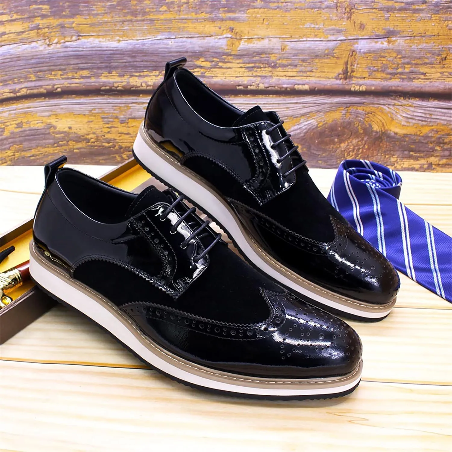 Mens Brogue Formal Dress Oxfords Casual Business Wingtip Real Leather Lace-ups Comfortable Breathable Derby Shoes,Black-45