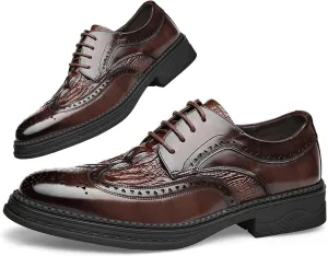 Men's Brogue Luxury Dress Crocodile Oxford Shoe Cowhide Leather Texture Lace-Up Wing Tip Classic Business Wedding Derby Shoes (Brown,6.5,Men,6.5)