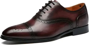 Men's Classic Brogue Derby Oxford Burnished Vintage Genuine Leather Lace Up Dress Shoes Block Heel Solid Color Retro Oxfords Formal Men