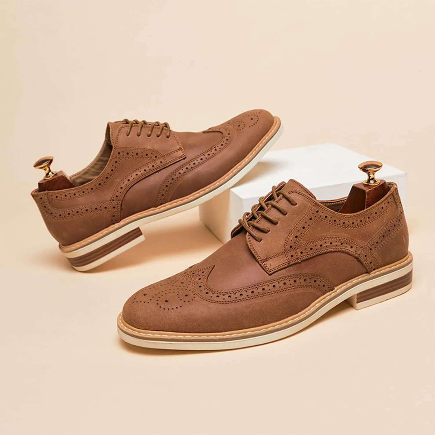Mens Cow Suede Carved Derby Leather Shoes Retro Classic Comfortable Round Toe Low Heel Lace Up Casual Oxford Shoes Concise Brogue Business Dress Shoes
