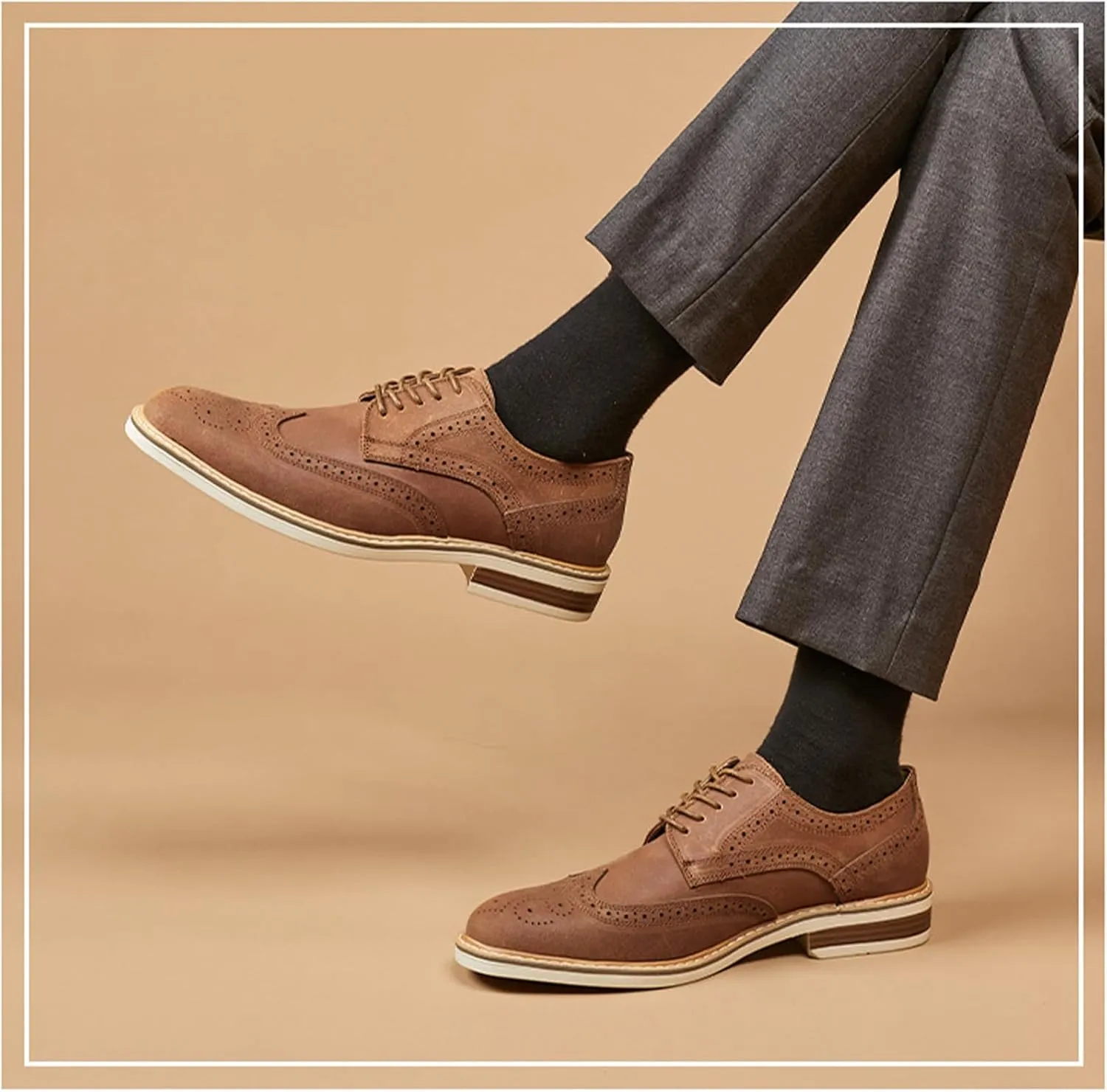 Mens Cow Suede Carved Derby Leather Shoes Retro Classic Comfortable Round Toe Low Heel Lace Up Casual Oxford Shoes Concise Brogue Business Dress Shoes