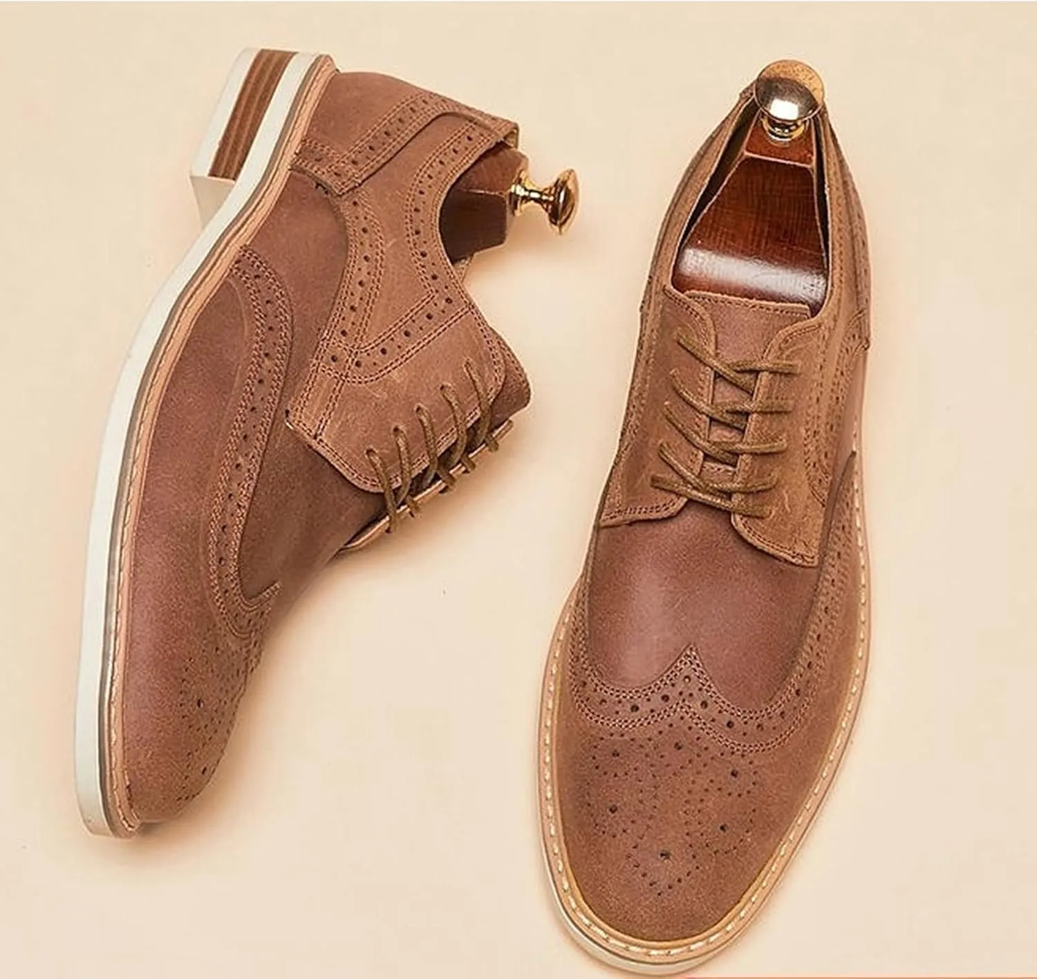 Mens Cow Suede Carved Derby Leather Shoes Retro Classic Comfortable Round Toe Low Heel Lace Up Casual Oxford Shoes Concise Brogue Business Dress Shoes