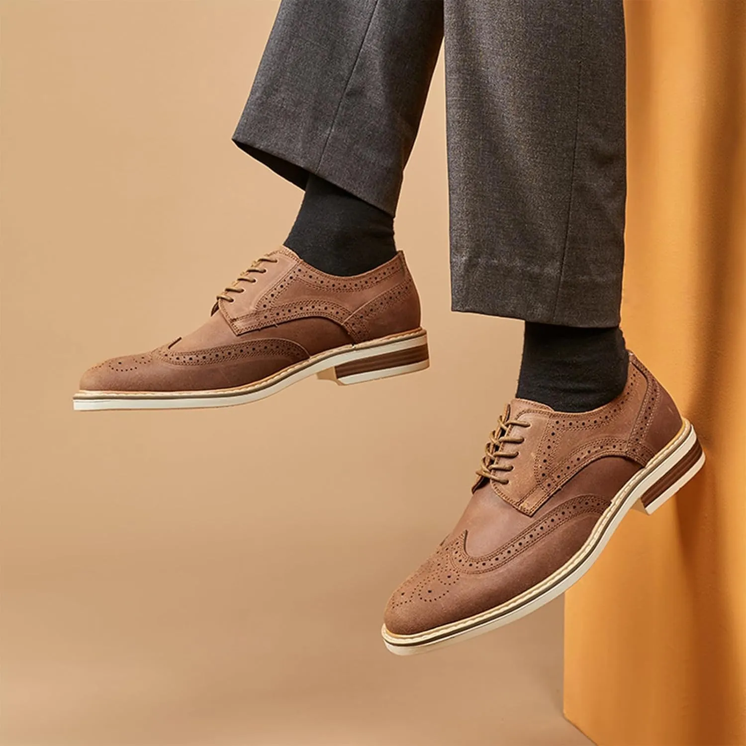 Mens Cow Suede Carved Derby Leather Shoes Retro Classic Comfortable Round Toe Low Heel Lace Up Casual Oxford Shoes Concise Brogue Business Dress Shoes