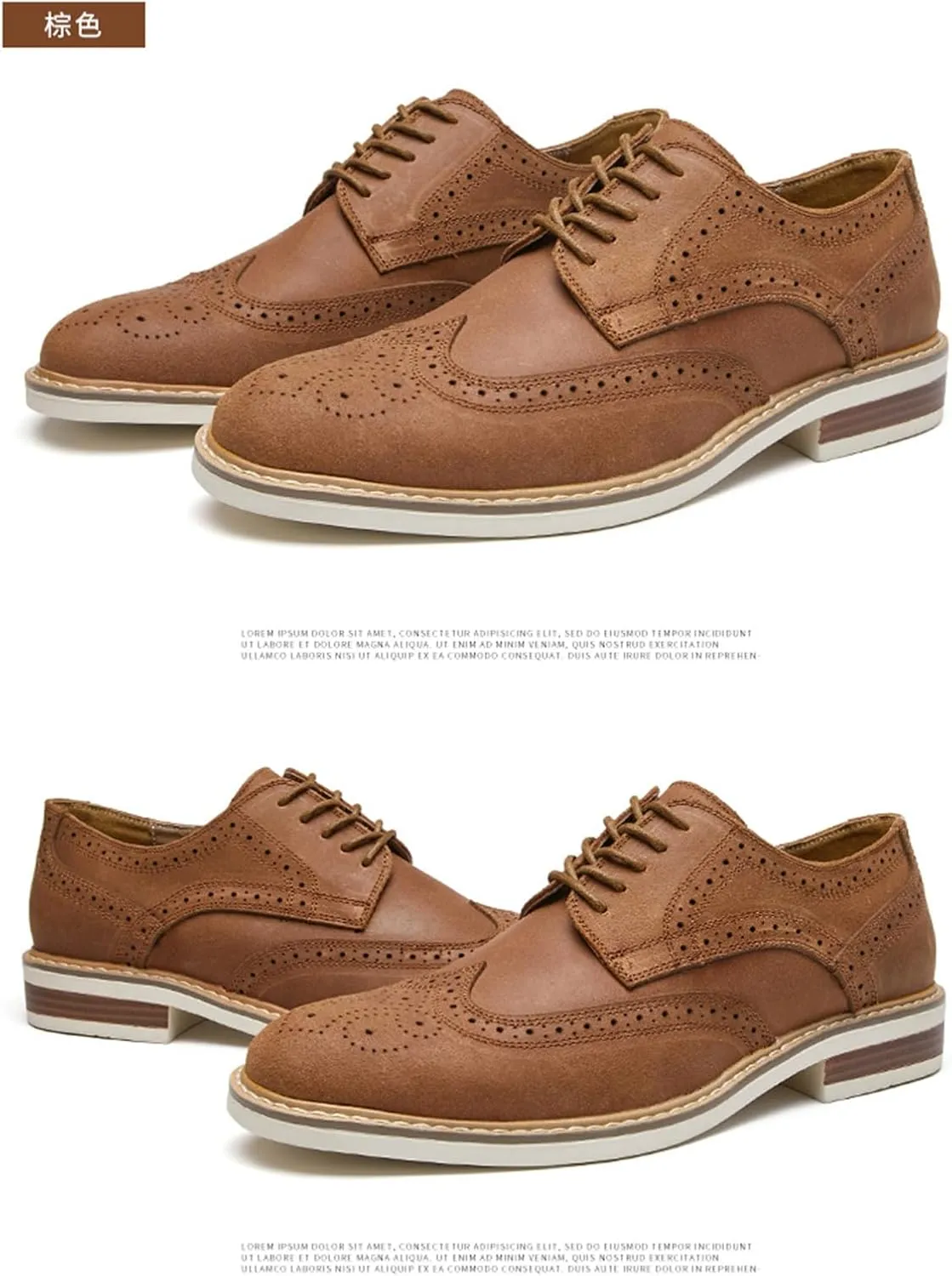 Mens Cow Suede Carved Derby Leather Shoes Retro Classic Comfortable Round Toe Low Heel Lace Up Casual Oxford Shoes Concise Brogue Business Dress Shoes
