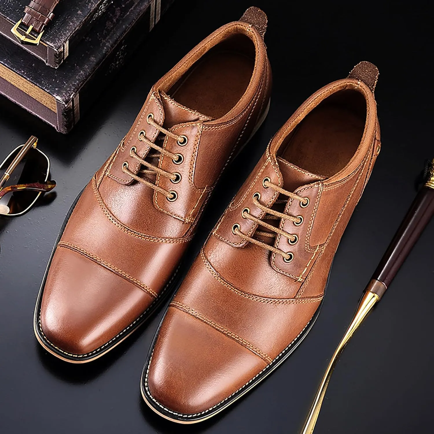 Men's Dress Shoes Leather Formal Business Oxford Derby Brogue Retro Dress Shoes for Men