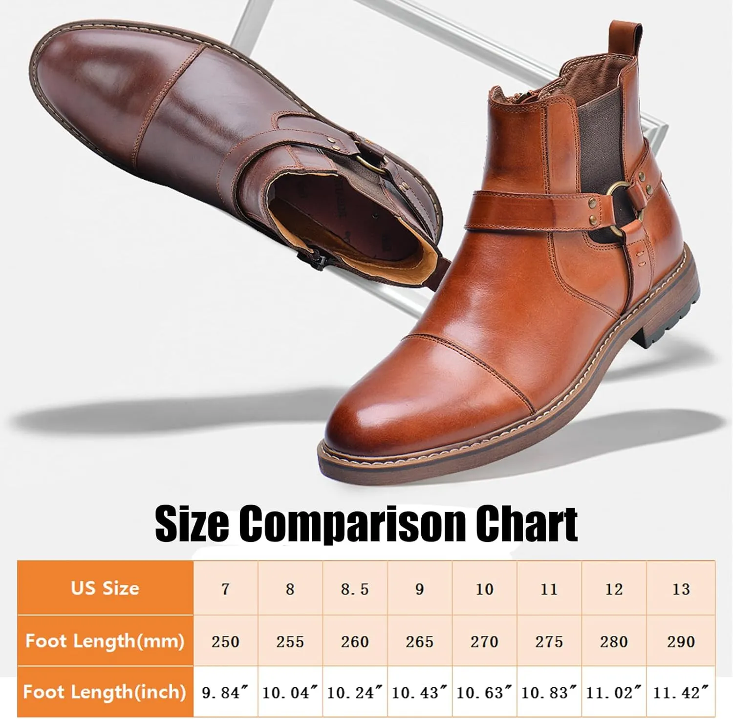 Men's Genuine Leather Dress Chelsea Boots with Belt Buckle Classic Cap Toe Side Zipper Chukka Boots Comfortable Business Casual High Top Formal Oxford Shoes