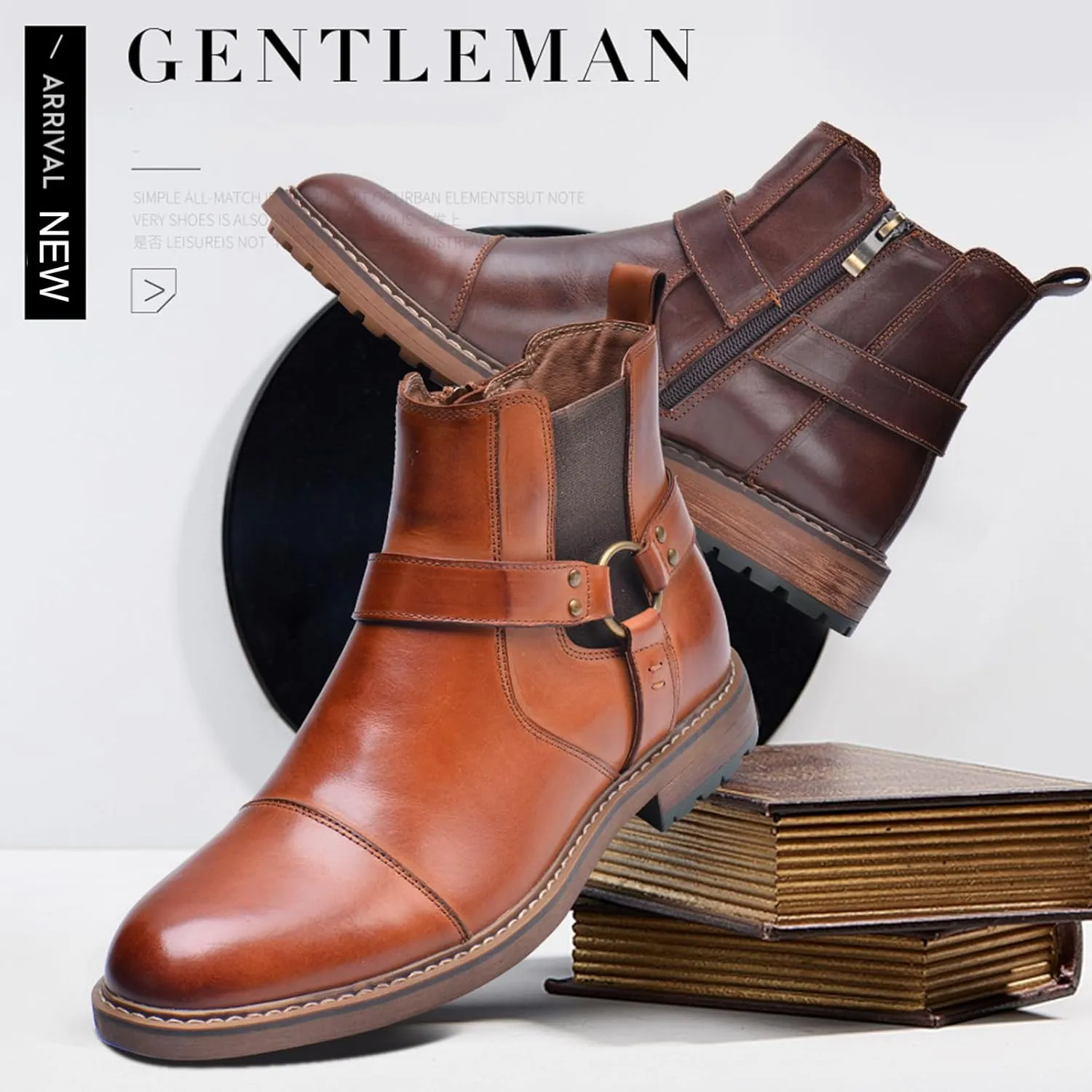 Men's Genuine Leather Dress Chelsea Boots with Belt Buckle Classic Cap Toe Side Zipper Chukka Boots Comfortable Business Casual High Top Formal Oxford Shoes