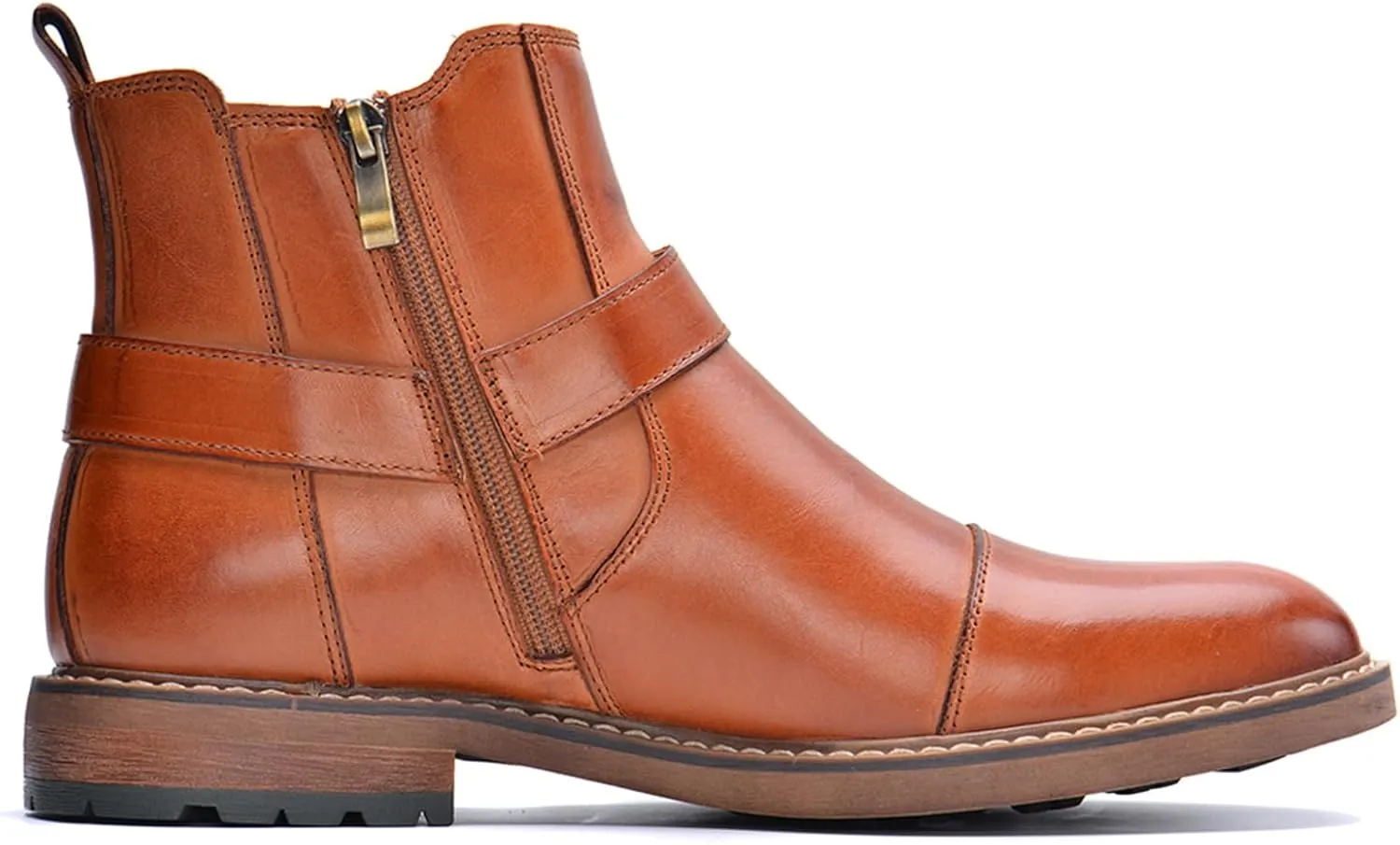 Men's Genuine Leather Dress Chelsea Boots with Belt Buckle Classic Cap Toe Side Zipper Chukka Boots Comfortable Business Casual High Top Formal Oxford Shoes