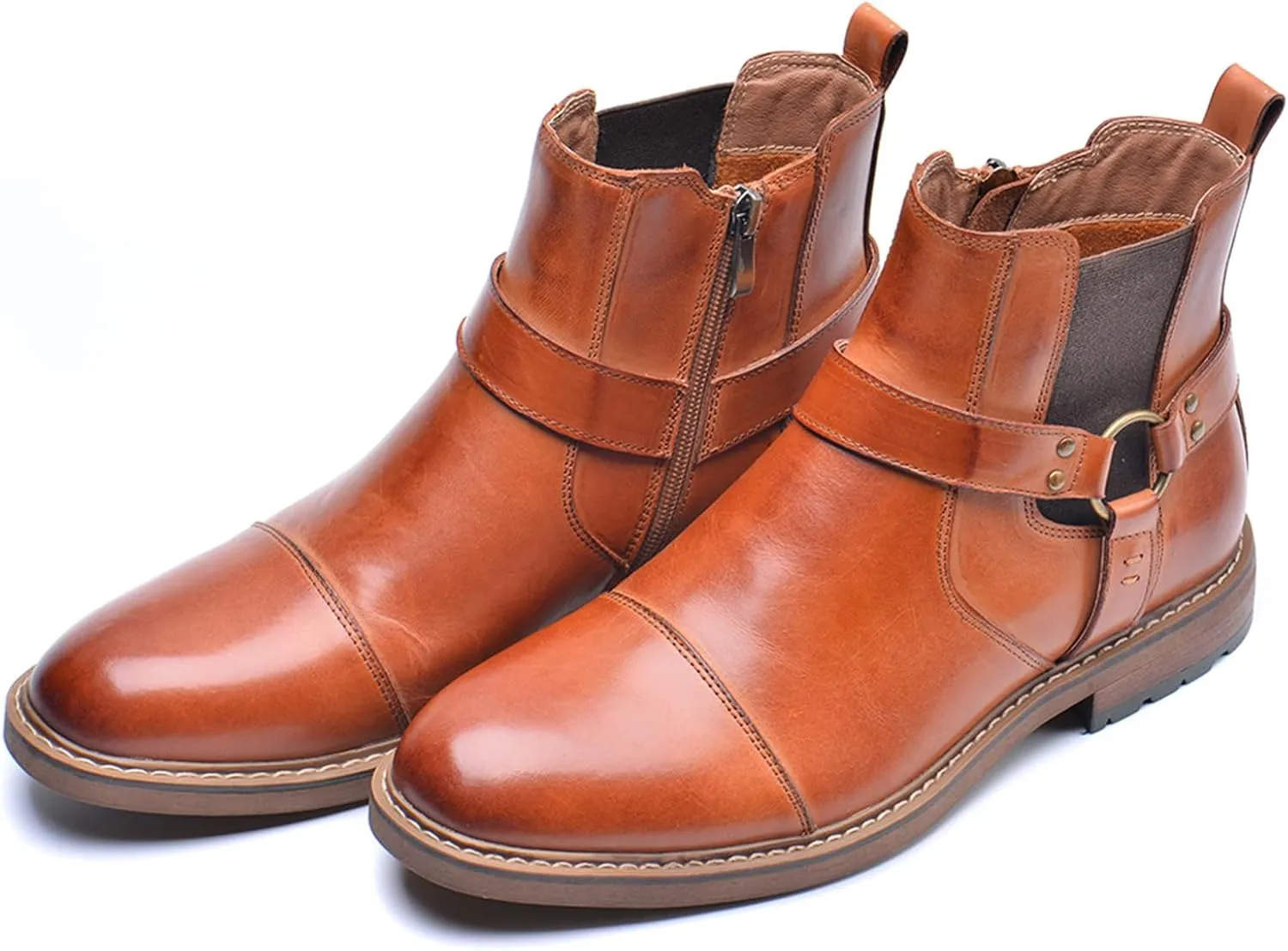 Men's Genuine Leather Dress Chelsea Boots with Belt Buckle Classic Cap Toe Side Zipper Chukka Boots Comfortable Business Casual High Top Formal Oxford Shoes