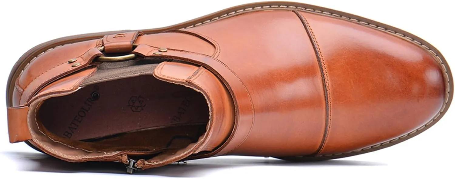 Men's Genuine Leather Dress Chelsea Boots with Belt Buckle Classic Cap Toe Side Zipper Chukka Boots Comfortable Business Casual High Top Formal Oxford Shoes