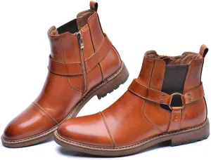 Men's Genuine Leather Dress Chelsea Boots with Belt Buckle Classic Cap Toe Side Zipper Chukka Boots Comfortable Business Casual High Top Formal Oxford Shoes