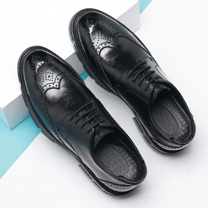 Men's Genuine Leather Platform Brogue Oxfords Shoes Mens Classic Lace-up Formal Dress Shoes
