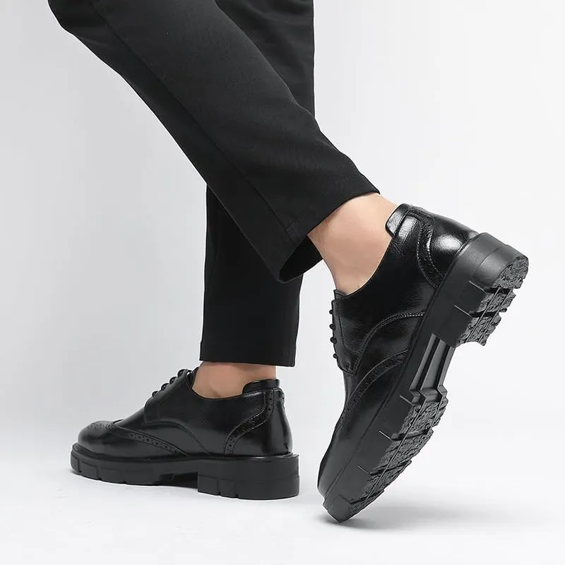Men's Genuine Leather Platform Brogue Oxfords Shoes Mens Classic Lace-up Formal Dress Shoes