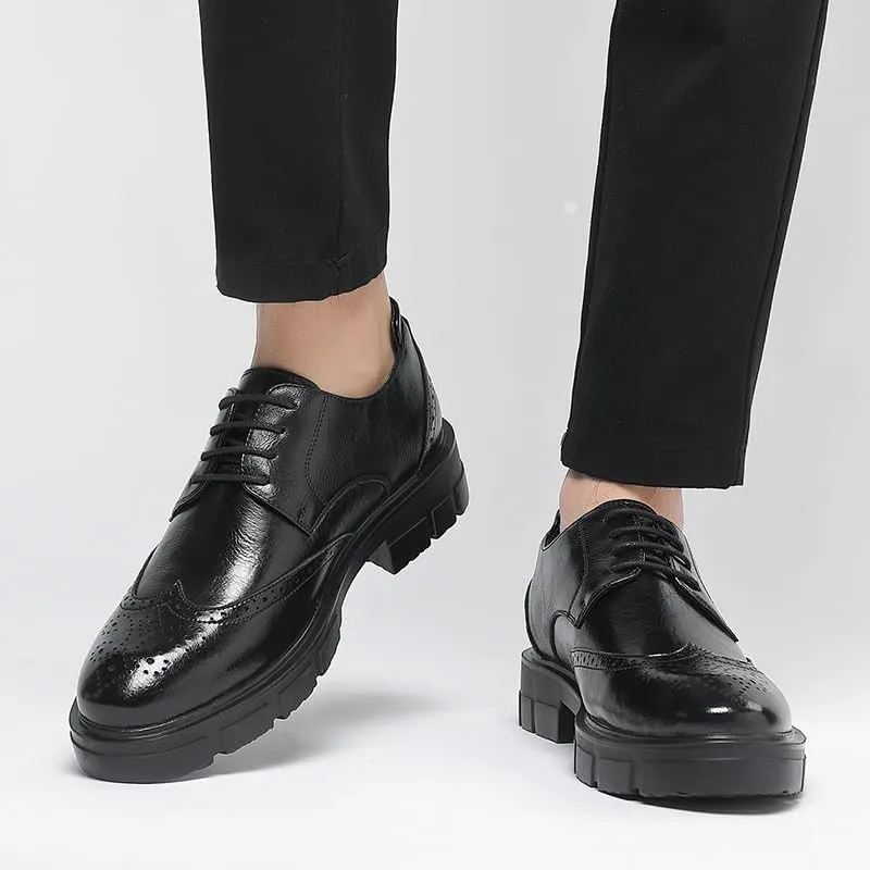 Men's Genuine Leather Platform Brogue Oxfords Shoes Mens Classic Lace-up Formal Dress Shoes