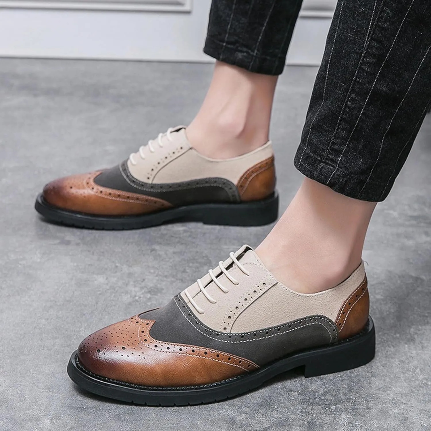 Men's Genuine Leather Wing Tips Two Tone Lace Up Oxfords Classic Round Toe Brogue Patchwork Derby Dress Shoes Casual Low Block Heel Business Work Office Shoes