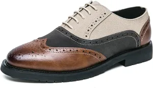 Men's Genuine Leather Wing Tips Two Tone Lace Up Oxfords Classic Round Toe Brogue Patchwork Derby Dress Shoes Casual Low Block Heel Business Work Office Shoes