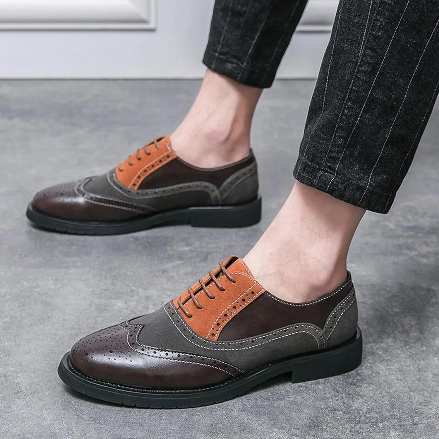 Men's Genuine Leather Wing Tips Two Tone Lace Up Oxfords Classic Round Toe Brogue Patchwork Derby Dress Shoes Casual Low Block Heel Business Work Office Shoes