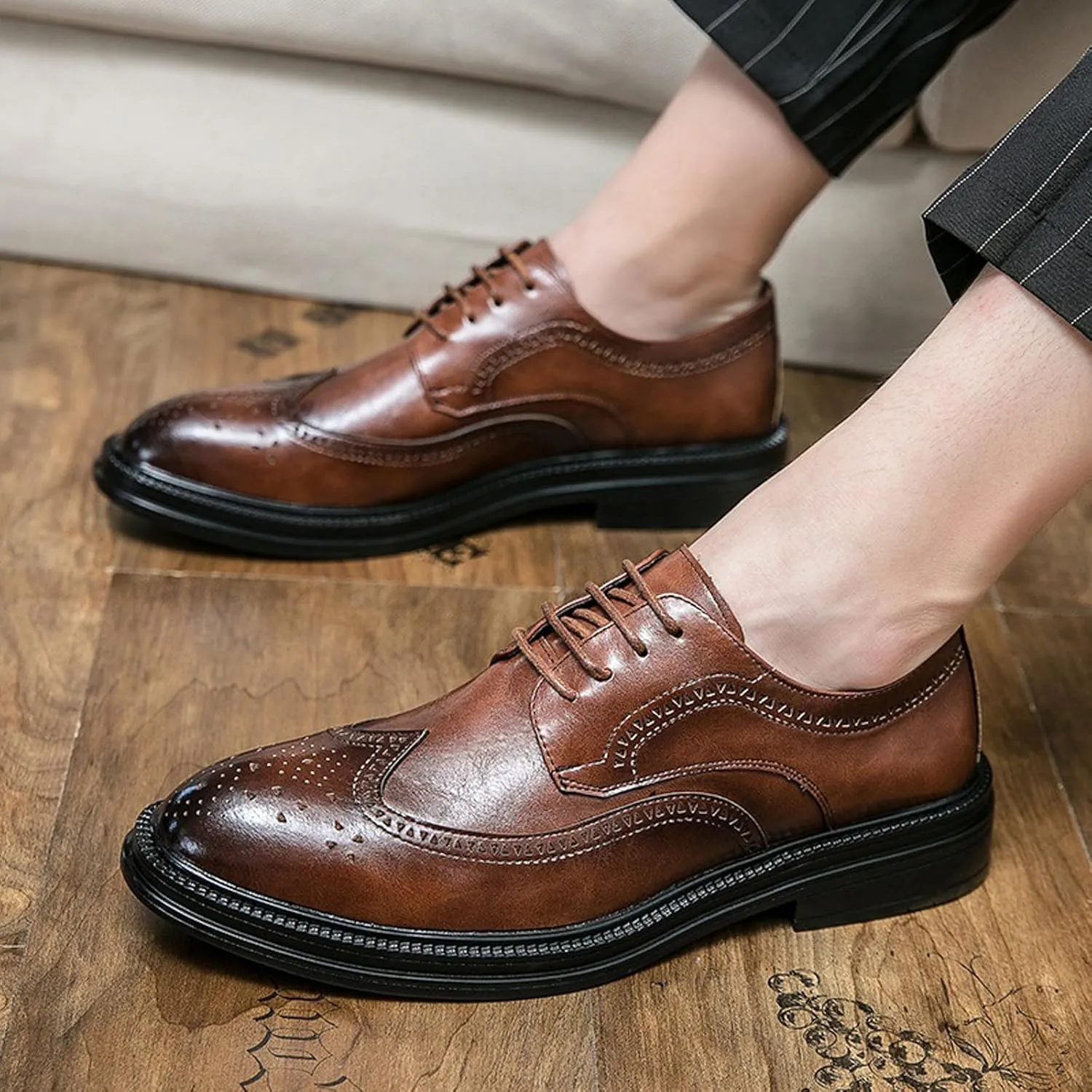Men's Genuine Leather Wing Tips Two Tone Lace Up Oxfords Classic Round Toe Brogue Patchwork Derby Dress Shoes Casual Low Block Heel Business Work Office Shoes