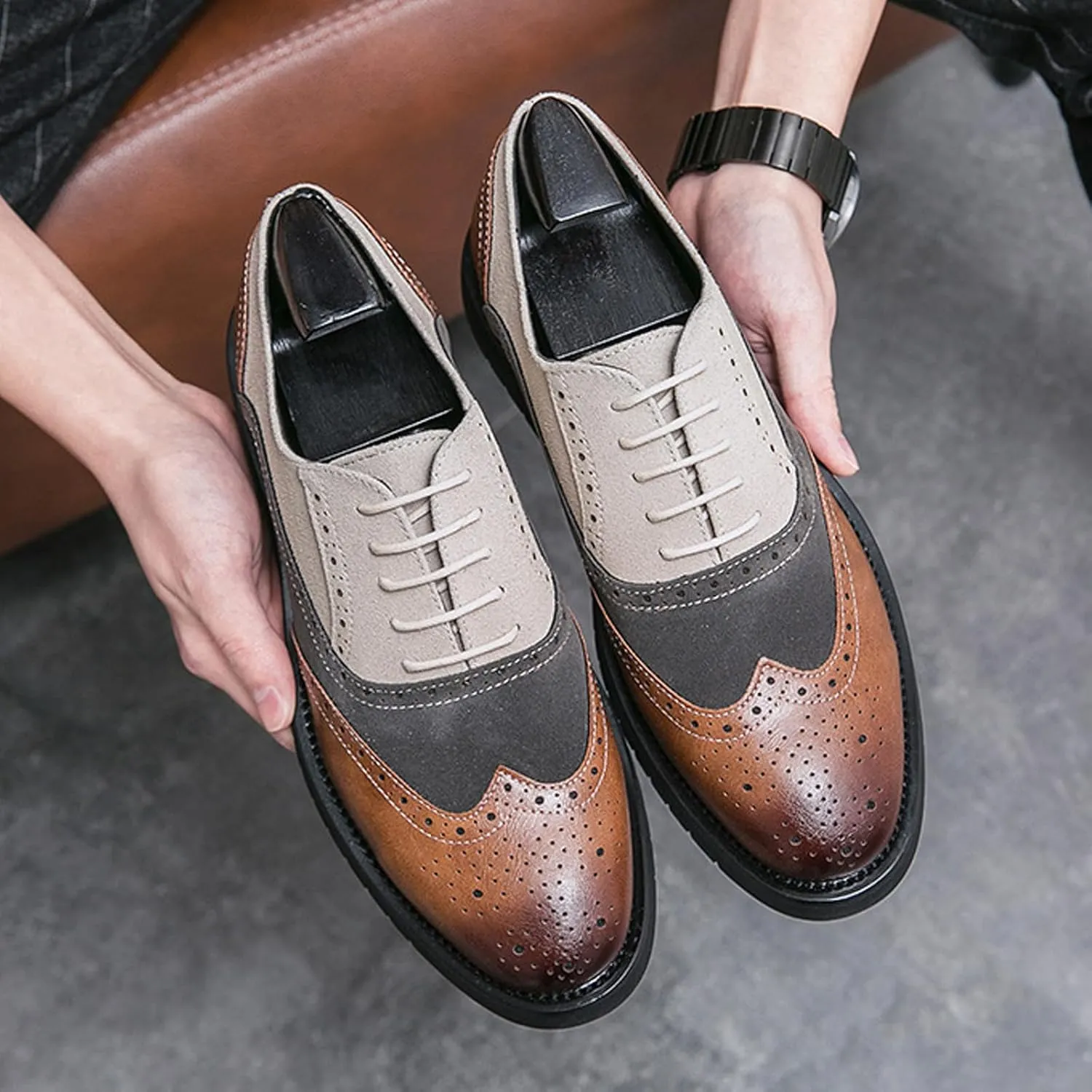 Men's Genuine Leather Wing Tips Two Tone Lace Up Oxfords Classic Round Toe Brogue Patchwork Derby Dress Shoes Casual Low Block Heel Business Work Office Shoes