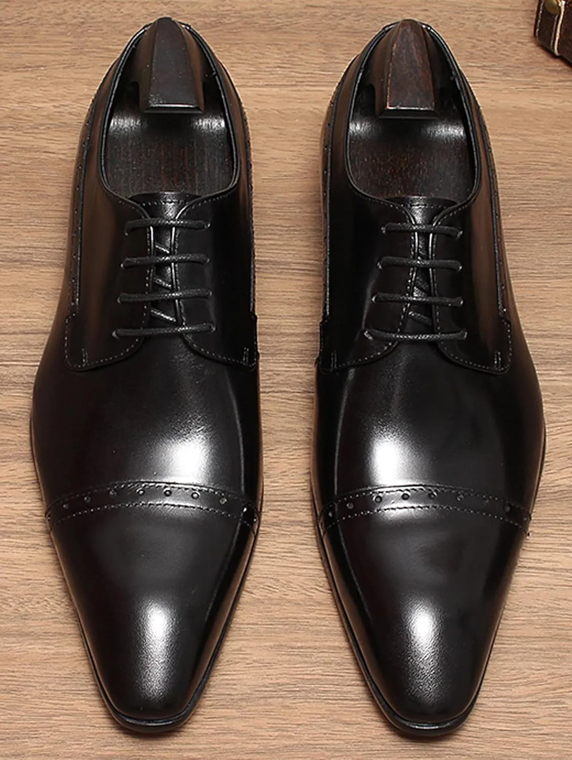 Men’s Leather Cap Toe Oxfords Dress Shoes – Lace-Up Brogue Formal Derby Shoes with Cushioned Insole & Slip-Resistant Sole for Business, Office & Wedding