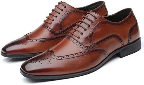 Men's Leather Oxford Wingtip Dress Shoes, Brogue Pattern, Tan Brown, Lace-up