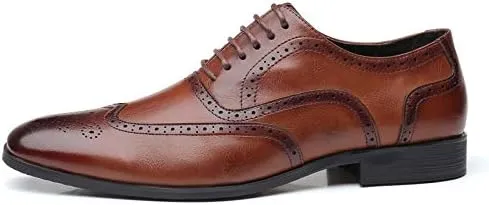 Men's Leather Oxford Wingtip Dress Shoes, Brogue Pattern, Tan Brown, Lace-up