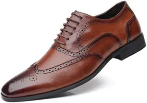 Men's Leather Oxford Wingtip Dress Shoes, Brogue Pattern, Tan Brown, Lace-up