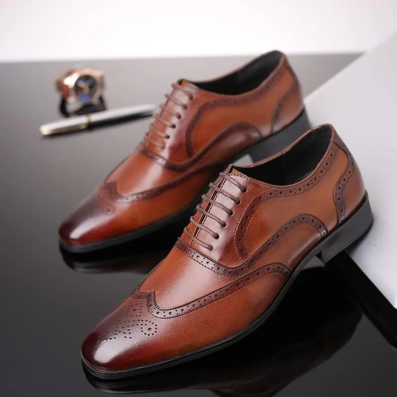 Men's Leather Oxford Wingtip Dress Shoes, Brogue Pattern, Tan Brown, Lace-up