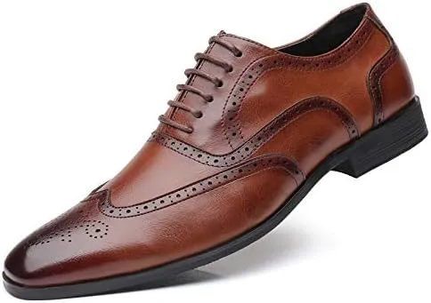 Men's Leather Oxford Wingtip Dress Shoes, Brogue Pattern, Tan Brown, Lace-up