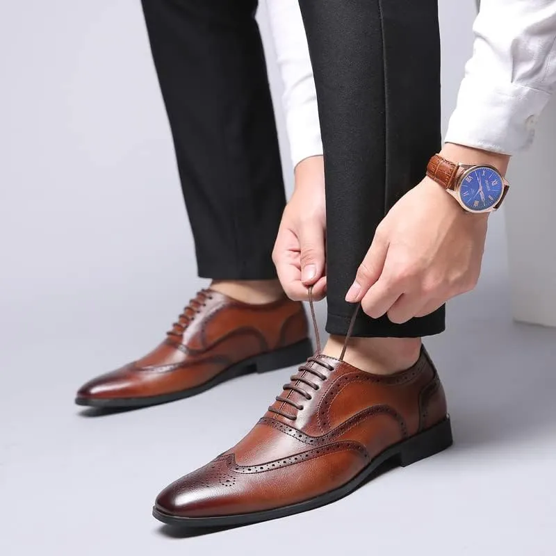 Men's Leather Oxford Wingtip Dress Shoes, Brogue Pattern, Tan Brown, Lace-up