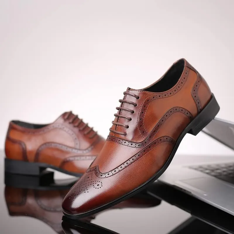 Men's Leather Oxford Wingtip Dress Shoes, Brogue Pattern, Tan Brown, Lace-up
