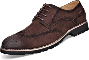 Men's Leather Wingtip Brogue Lace Up Dress Oxfords Fashion Pointed Toe Low Block Heel Business Work Office Formal Shoes Breathable Non-Slip Casual Shoes