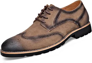 Men's Leather Wingtip Brogue Lace Up Dress Oxfords Fashion Pointed Toe Low Block Heel Business Work Office Formal Shoes Breathable Non-Slip Casual Shoes