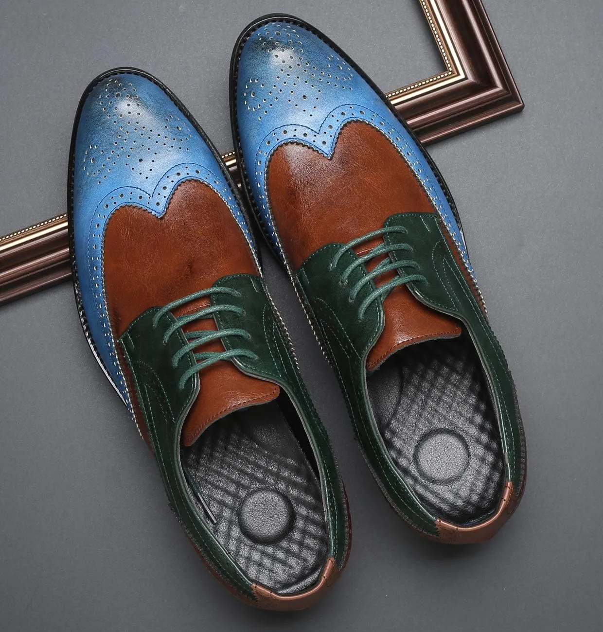 Mens Oxford Stylish Brogue Tricolor Wingtip Formal Lace Up Dress Shoes