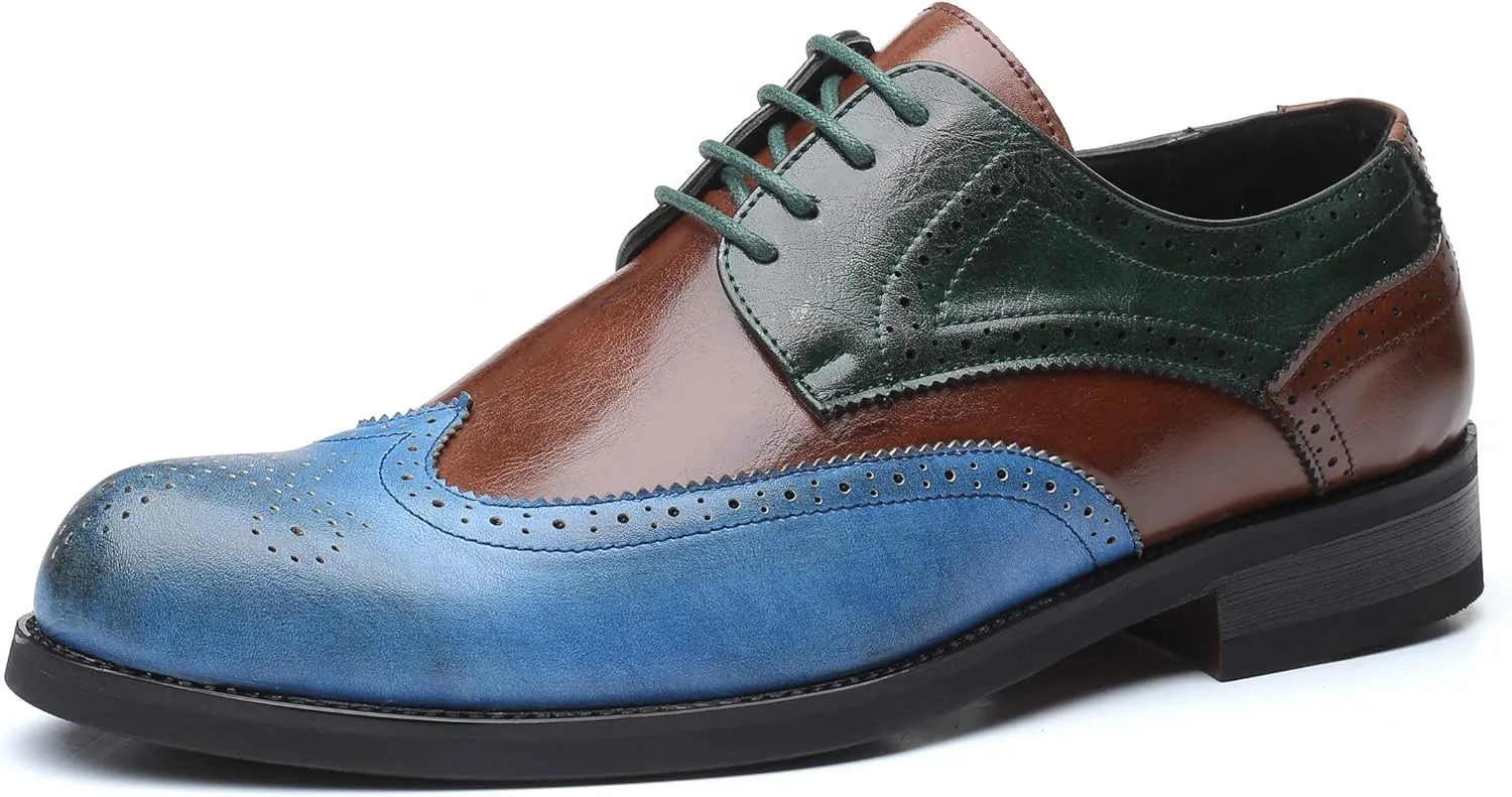 Mens Oxford Stylish Brogue Tricolor Wingtip Formal Lace Up Dress Shoes