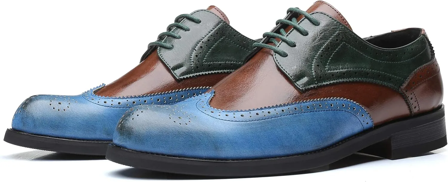 Mens Oxford Stylish Brogue Tricolor Wingtip Formal Lace Up Dress Shoes