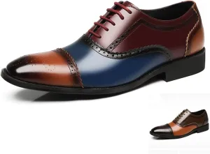 Men's Patchwork Multicolor Brogue Oxfords Shoes Fashion Classic Carved Two Tone Lace Up Low Top Leather Dress Shoes Hand Stitched Business Formal Derby Shoes