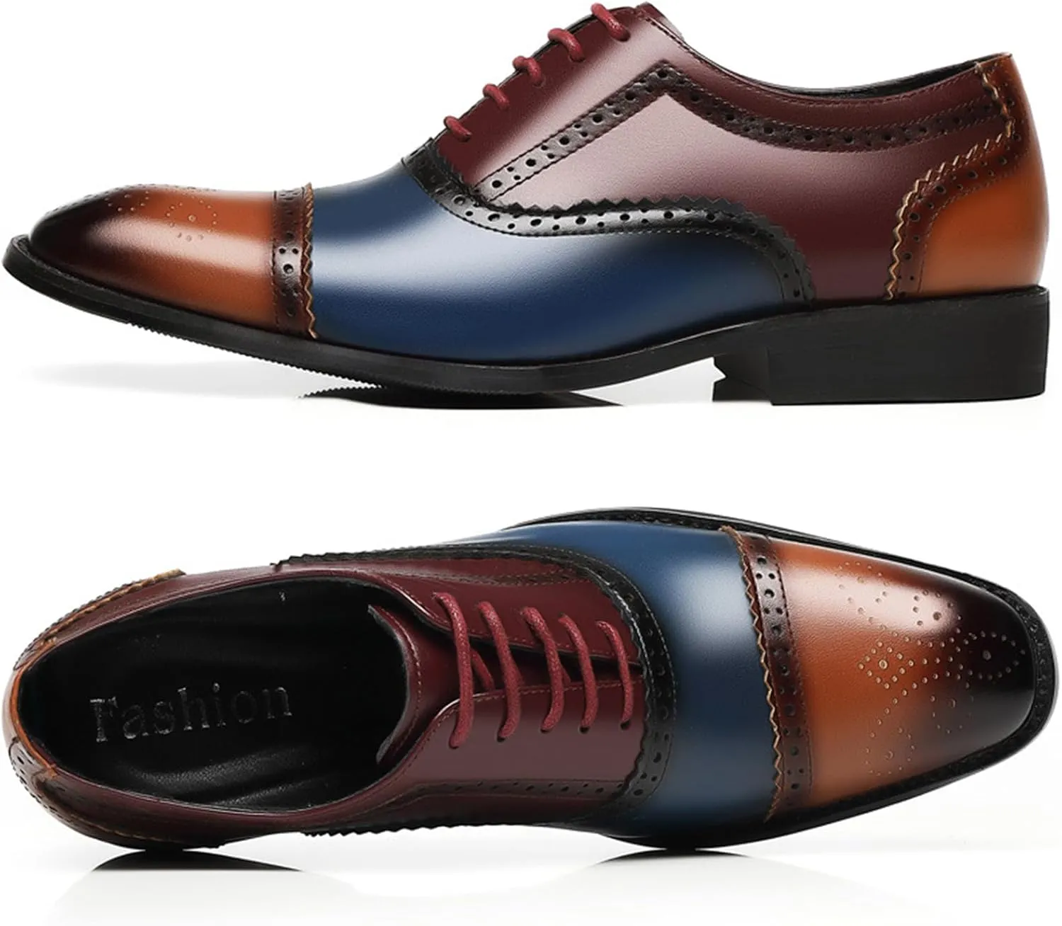 Men's Patchwork Multicolor Brogue Oxfords Shoes Fashion Classic Carved Two Tone Lace Up Low Top Leather Dress Shoes Hand Stitched Business Formal Derby Shoes