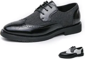Men's Patchwork Two Tone Brogue Oxfords Shoes Fashion Wingtip Round-Toe Lace Up Low Top Leather Dress Shoes Classic Hand Stitched Business Formal Derby Shoes