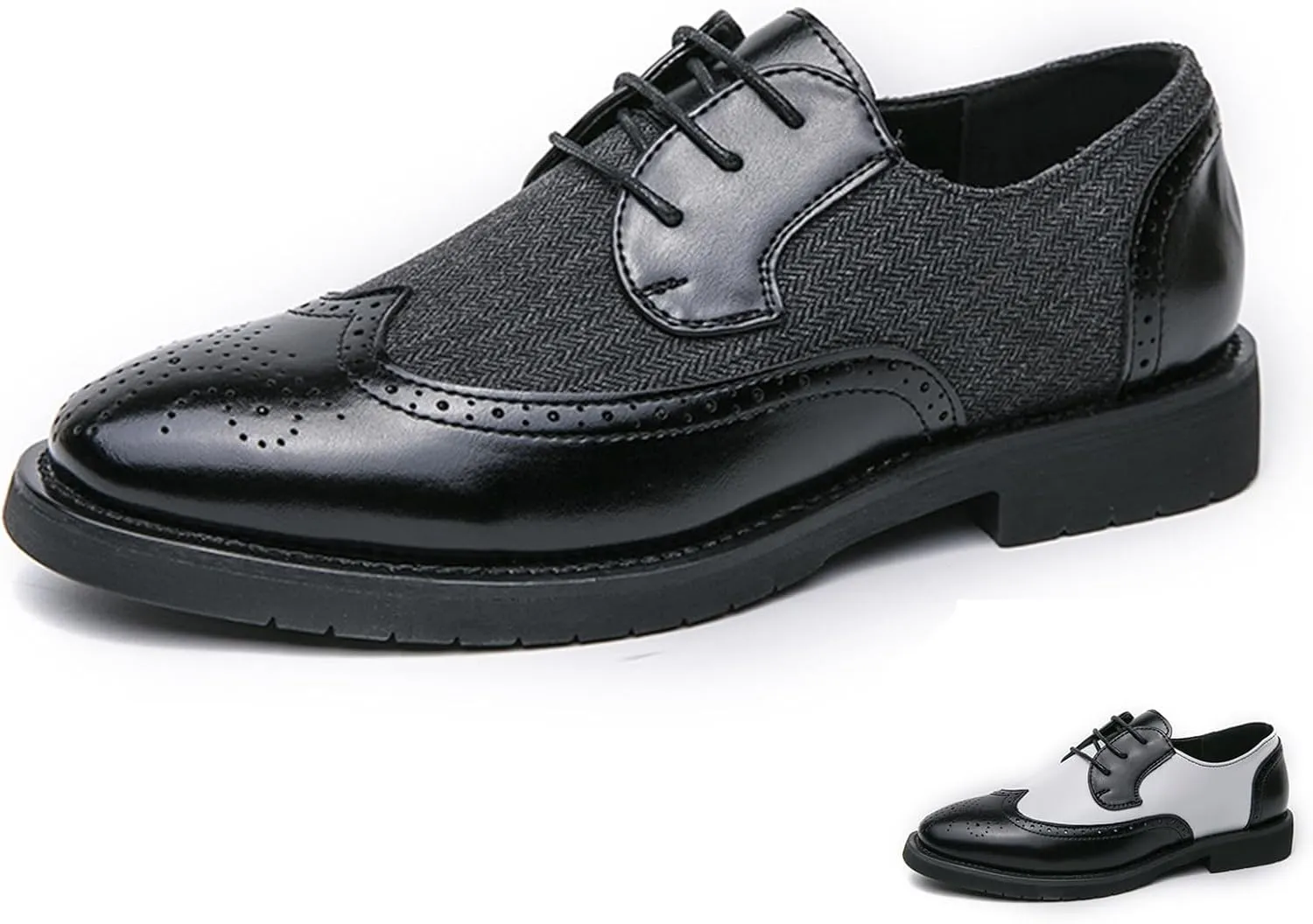 Men's Patchwork Two Tone Brogue Oxfords Shoes Fashion Wingtip Round-Toe Lace Up Low Top Leather Dress Shoes Classic Hand Stitched Business Formal Derby Shoes