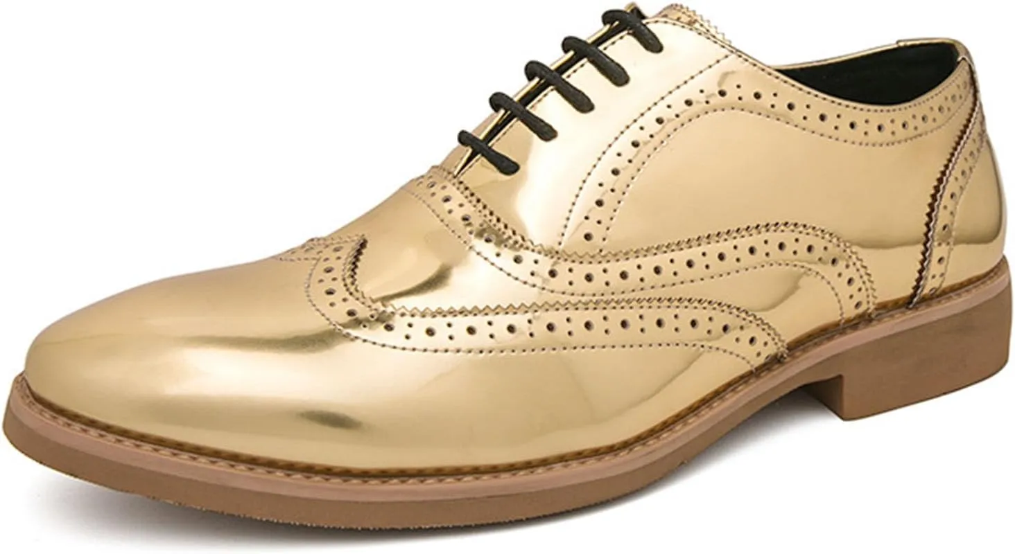Men's Patent Leather Brogue Low Heel Oxfords Fashion Classic Round-Toe Lace Up Wing Tips Carved Business Dress Derby Shoes Casual Comfortable Formal Work Wedding Shoes
