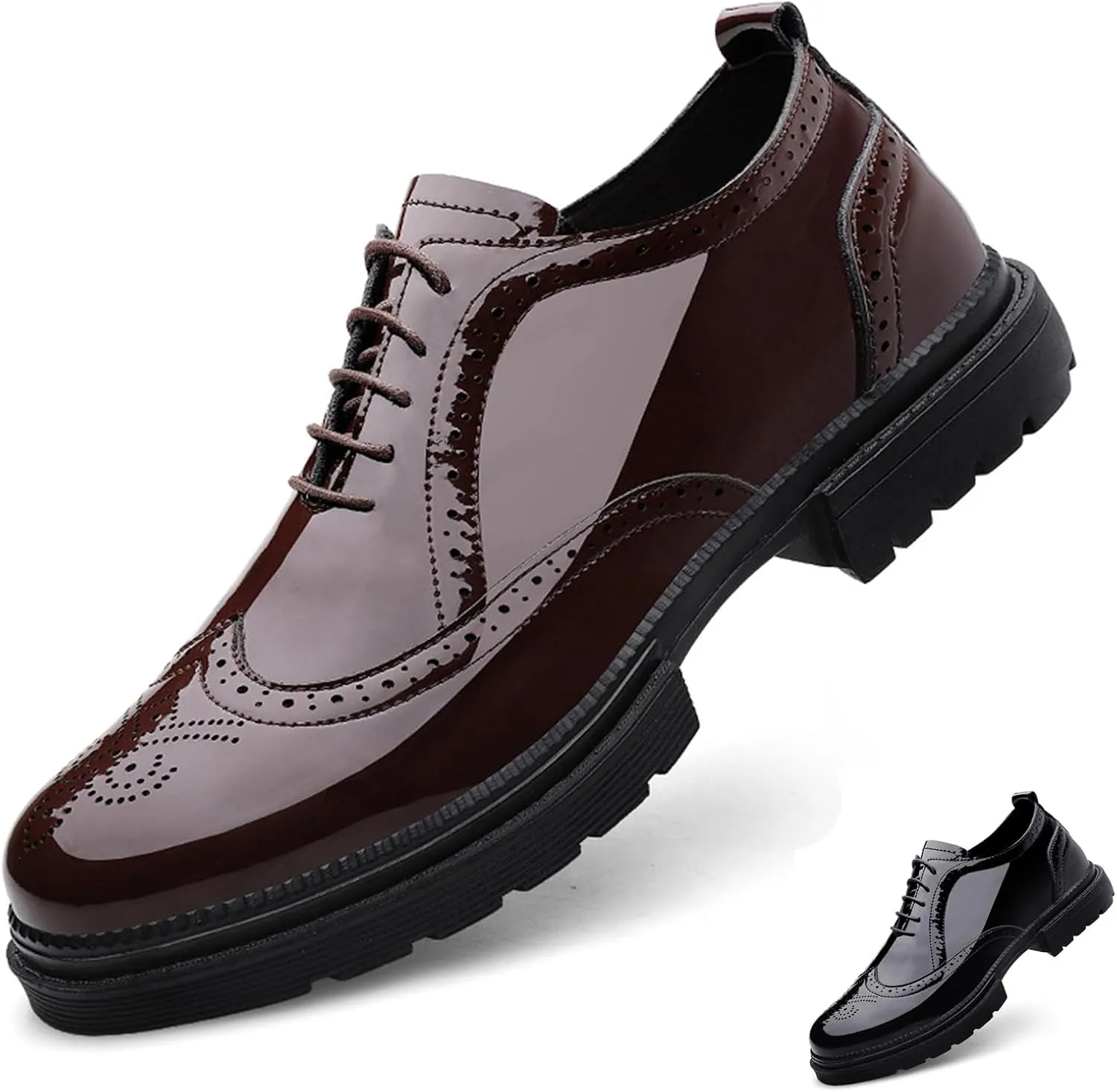 Men's Patent Leather Wing Tips Carved Lug Brogue Oxfords Shoes Fashion Classic Round-Toe Lace Up Low Top Genuine Leather Dress Shoes Hand Stitched Business Formal Derby Shoes
