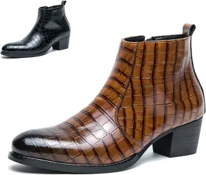 Men's Pattern Leather Chunky Heel Dress Chelsea Boots Fashion Classic Cap Toe Side Zipper Block High Heels High Top Formal Oxford Shoes Casual Business Chukka Ankle Boots