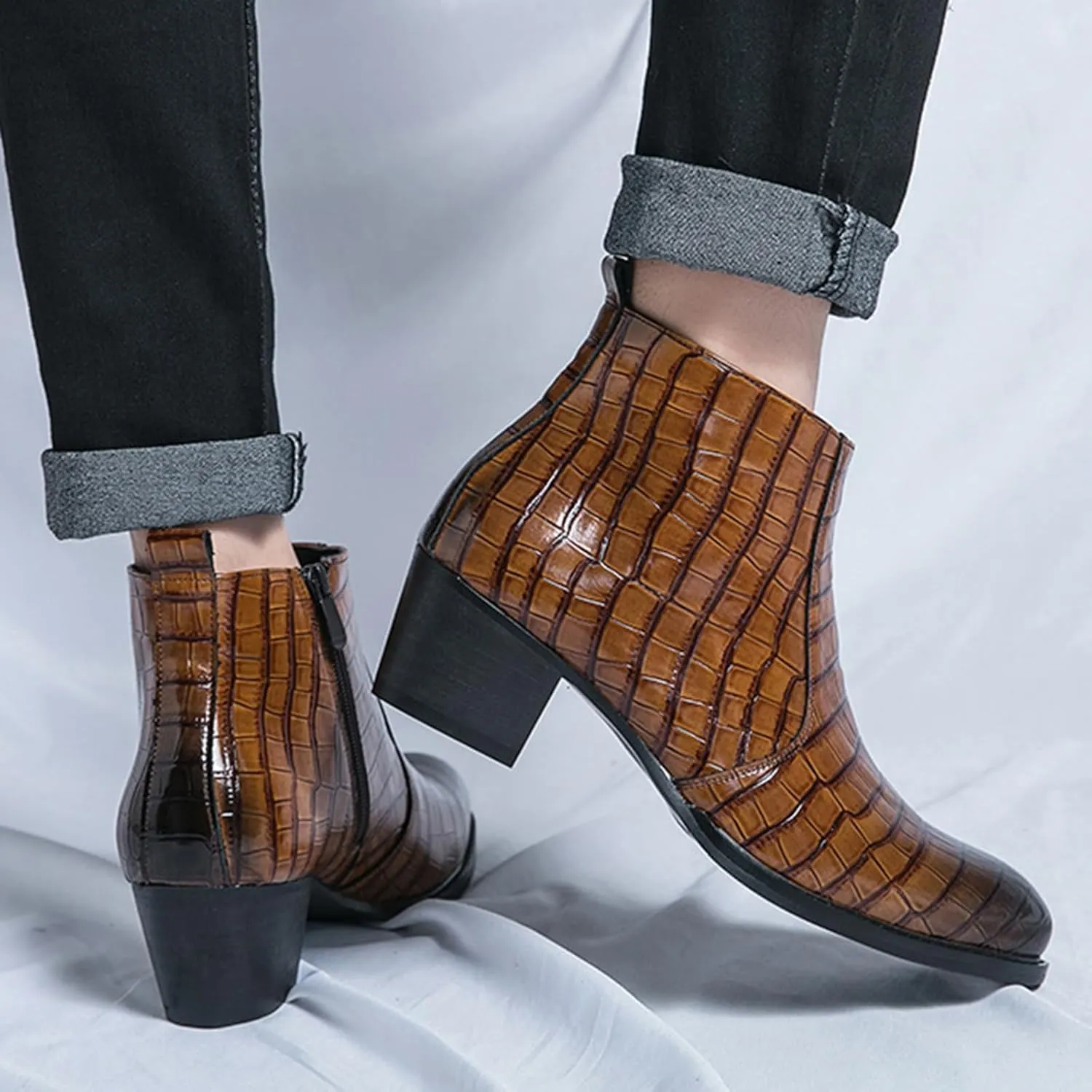 Men's Pattern Leather Chunky Heel Dress Chelsea Boots Fashion Classic Cap Toe Side Zipper Block High Heels High Top Formal Oxford Shoes Casual Business Chukka Ankle Boots