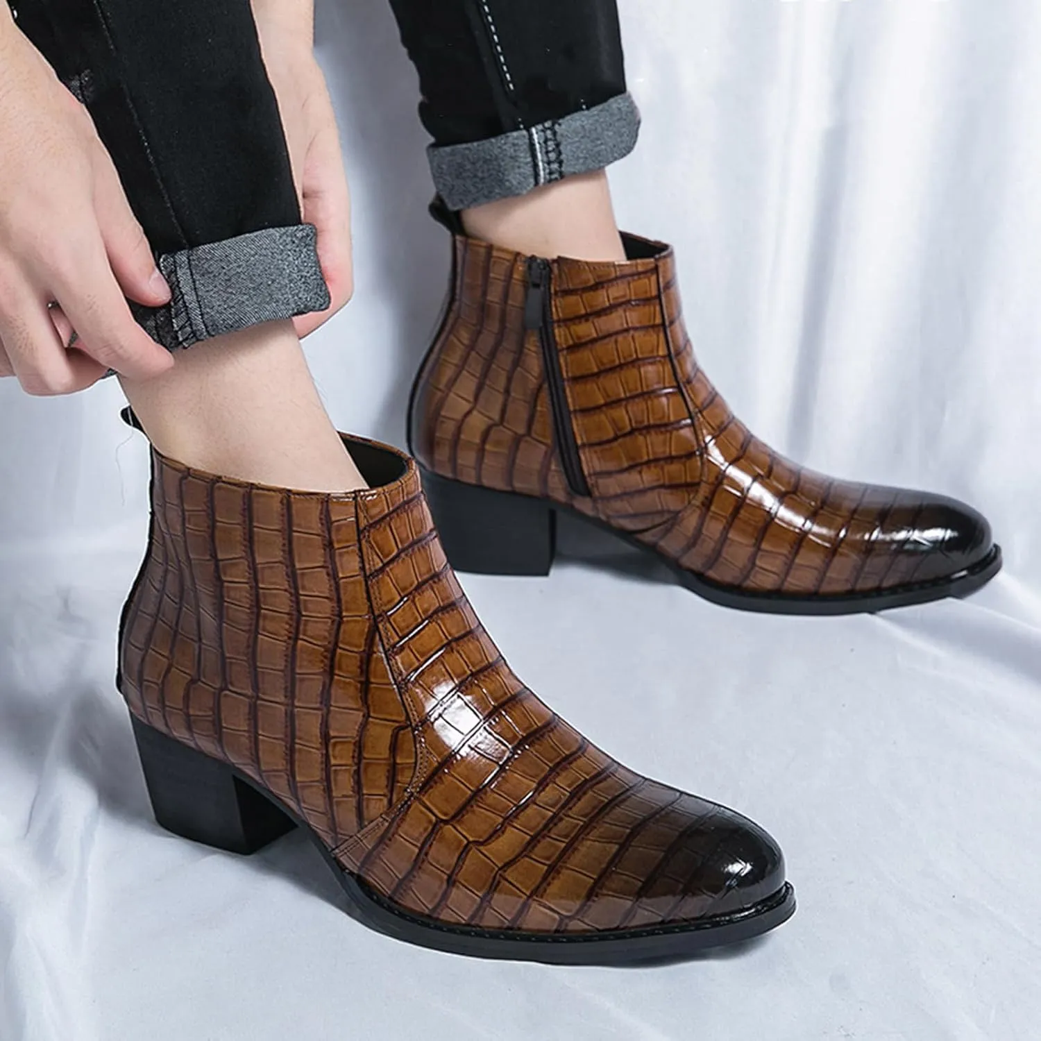 Men's Pattern Leather Chunky Heel Dress Chelsea Boots Fashion Classic Cap Toe Side Zipper Block High Heels High Top Formal Oxford Shoes Casual Business Chukka Ankle Boots